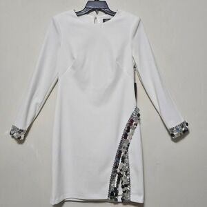 Vince Camuto Dress 10 white Round Neck Long Sleeves Knee-length Slit Sequin 0712
